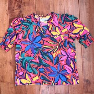 Sugarlips Tropical Short Puff-Sleeve Blouse Womens M Split-Neck 100% Cotton